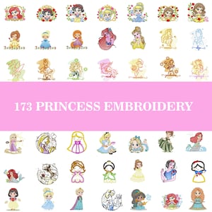 Pode incluir: Uma coleção de 173 designs de bordado de princesas. Os designs apresentam várias princesas de desenhos animados em diferentes poses e estilos, rodeadas por elementos florais e decorativos. O texto "173 PRINCESS EMBROIDERY" é exibido em um fundo rosa.