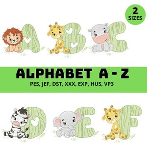 May include: An alphabet design featuring letters A, B, C, D, E, and F, each with a cute animal illustration. The letters are light green with a wood grain texture and a heart. The text "ALPHABET A-Z" is displayed in black.