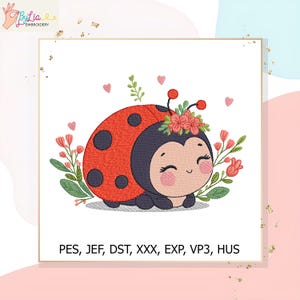 May include: An embroidered ladybug design with a red shell and black spots, wearing a floral crown. Pink hearts and flowers surround the ladybug. The text "PES, JEF, DST, XXX, EXP, VP3, HUS" is at the bottom of the image.