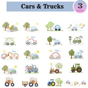Pode incluir: Uma coleção de ilustrações coloridas de carros e caminhões com árvores, sóis e nuvens. O texto "Cars & Trucks" está no topo, e um círculo com "3 SIZES" está no canto superior direito. As ilustrações incluem um caminhão basculante, um trator e um guincho.