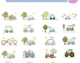 20 Kids Vehicle Embroidery Designs – Cars, Trucks, Tractors, Excavators – Machine Embroidery Files for Baby and Nursery Projects