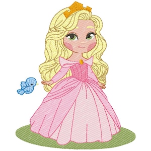May include: An embroidered image of a princess with long blonde hair, a gold crown, and a pink dress. A small blue bird is flying near the princess. The princess is standing on a patch of green grass.