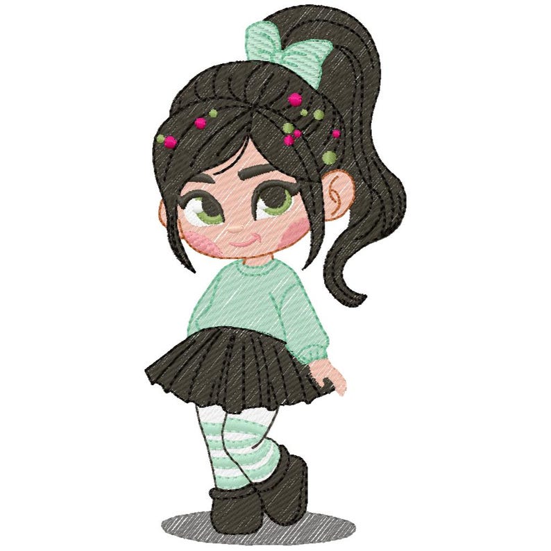 May include: An embroidered cartoon character with dark hair in a high ponytail, a mint green bow, and a matching sweater. She wears a black pleated skirt, striped socks, and black boots. The character has large eyes and rosy cheeks.