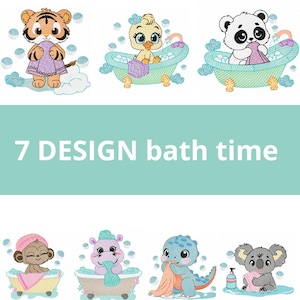 May include: A collection of seven embroidered designs featuring cartoon animals including a tiger, duck, panda, monkey, hippo, dinosaur, and koala, all depicted during bath time with bubbles and towels. The text 7 DESIGN bath time is centered.