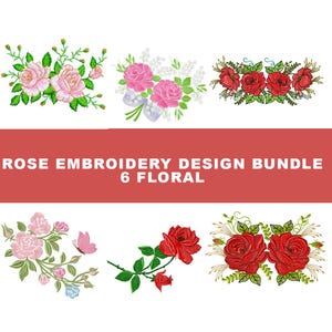 Rosbroderimönsterpaket 6 blommiga maskinbroderimönster perfekta för handdukar, dukar, sängkläder och presenter - direkt nedladdning