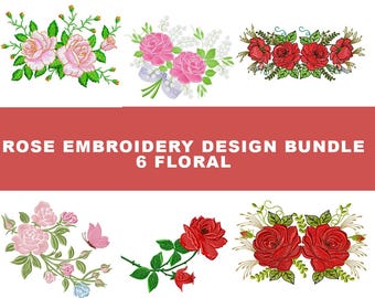 Paquete de 6 diseños de bordado de rosas: patrones florales para bordar a máquina, ideales para toallas, manteles, ropa de cama y regalos - Descarga instantánea