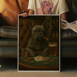 Vintage French Bulldog Poker Dog Art Print, Rustic Bar Decor, Funny Dog Wall Art for Man Cave, Game Room and Whiskey Lounge, Dog Dad Gift