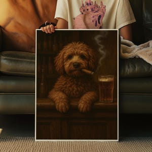 May include: A brown dog with a cigar in its mouth sits at a bar with a glass of beer. The dog is wearing a collar and has a friendly expression on its face.