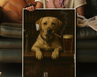 Impresión vintage de barra de labrador amarillo: arte rupestre humorístico de un hombre amante de los perros