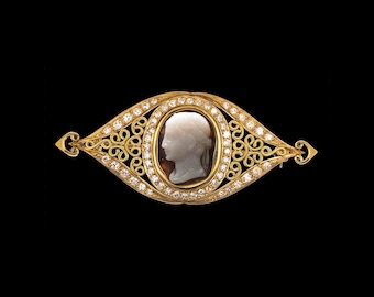 18k Gold Diamond Brooch, 19th Century Agate Cameo, Emperor Portrait