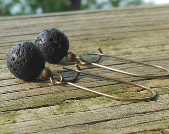 Black Lava mineral stone , antique brass long kidney wire Earrings - natural women girl handmade minimalist simple jewelry