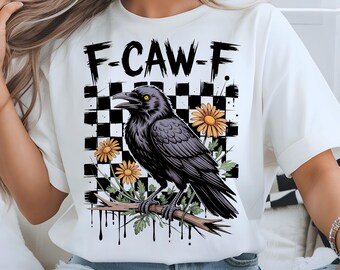 F-CAW-F Krähe Sweatshirt | Kariertes Schwarz-Weiß-Design mit floralen Akzenten Grafisches Sweatshirt für lässigen Style, Rabe PNG,