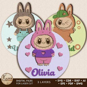 Arte mural infantil imprimible personalizado PNG: adorable decoración infantil con el personaje Labubu, gráfico con nombre personalizado para habitación infantil