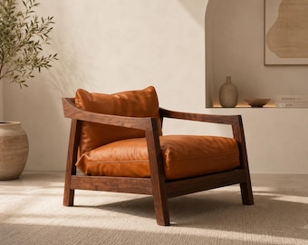 Sillón de salón hecho a mano en madera de nogal y cuero marrón, sillón auxiliar de estilo de mediados de siglo.