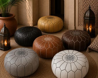 Handgefertigter marokkanischer Lederpouf, Bodenkissen aus echtem Leder, Boho-Fußhocker, runder Hocker als Dekoration