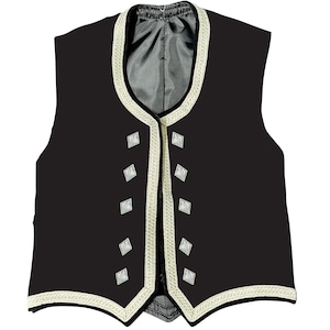 Puede incluir: Un chaleco negro con ribete color crema y detalles plateados en forma de diamante. El chaleco tiene cuello en V y forro de satén. El ribete está intrincadamente tejido, agregando un elemento decorativo a la prenda.