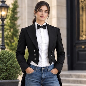 May include: A black tailcoat blazer featuring a structured lapel, long sleeves, and two rows of silver-toned buttons, worn over a crisp white button-down shirt with a black bow tie, paired with classic blue denim jeans with a front button closure.