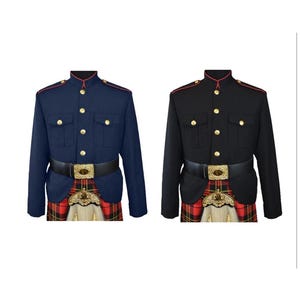 May include: Two military jackets, navy and black, are shown. Each has gold buttons, a high collar, and a black belt with a gold buckle. They are worn with a red and green tartan kilt, a traditional Scottish garment.