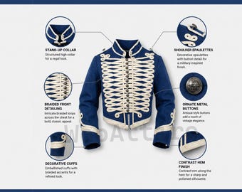 Husaren Jacke | Blaue Militär Tunika mit Kontraststreifen, Historisches Bühnenkostüm, Blaskapelle Blazer