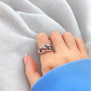 Adjustable Stars and Moon Ring: Silver Celestial Boho Jewelry