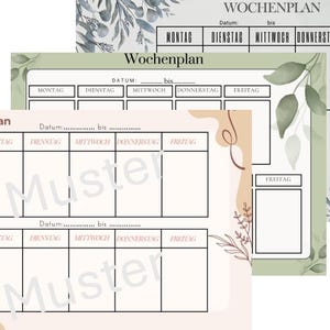 May include: Three printable weekly planner templates with a floral design. Each template has a section for the date, day of the week, and time. The templates are in a light pink, green, and white color scheme.