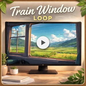 Puede incluir: Un monitor de computadora muestra una vista de ventana de tren con un botón de reproducción. La imagen muestra un paisaje de campos verdes, montañas y un cielo azul. El texto "Train Window LOOP" se muestra en la parte superior de la pantalla.