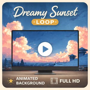 Pode incluir: Um monitor de computador exibe uma cena de pôr do sol sonhadora com um botão de reprodução. A tela mostra um céu com nuvens rosa e laranja, e o texto "Dreamy Sunset Loop" está no topo. As palavras "Animated Background" e "Full HD" também são visíveis.