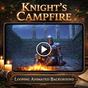 Può includere: Un'illustrazione digitale di un cavaliere con armatura completa seduto vicino a un falò, visualizzata su un tablet. La scena è ambientata in un cortile di pietra con uno sfondo animato in loop. Il testo "KNIGHT'S CAMPFIRE" è in alto.