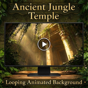 May include: A computer monitor shows a looping animated background of an ancient jungle temple. The scene features sunlight streaming through the jungle foliage onto the temple ruins. The text "Ancient Jungle Temple" and "Looping Animated Background" are displayed.