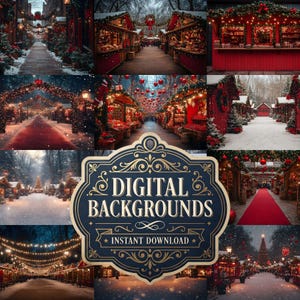 Op de afbeelding: Een collectie digitale achtergronden met besneeuwde kerstmarktscènes met rode houten kramen, groenblijvende slingers, lichtjes, rode ornamenten en rode tapijten, met de tekst DIGITAL BACKGROUNDS INSTANT DOWNLOAD.