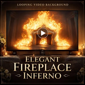 May include: A flat-screen TV displays a looping video background of a fireplace engulfed in flames. The text "LOOPING VIDEO BACKGROUND" is at the top, and "ELEGANT FIREPLACE INFERNO" is at the bottom. The video has a play button.