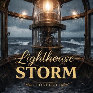 May include: A detailed view inside a lighthouse during a storm. The image features the text "Lighthouse STORM" in gold lettering. The lighthouse lamp is lit, and the ocean waves are visible through the windows.
