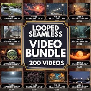 Puede incluir: Un paquete de productos digitales con 200 bucles de vídeo sin interrupciones. La imagen muestra diversas escenas, incluyendo paisajes naturales y vistas urbanas. Cada bucle de vídeo está etiquetado con "Video Seamless Loop" y "Full HD".
