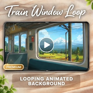 May include: A digital display shows a looping animated background of a train window view. The scene features a mountain, green fields, and a blue sky. Text at the top reads "Train Window Loop" and at the bottom "Looping Animated Background". A "Premium" badge is visible.