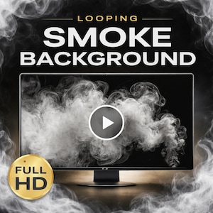 Könnte beinhalten: Ein Computermonitor zeigt einen sich wiederholenden Rauchhintergrund mit einer Wiedergabetaste in der Mitte. Die Worte "LOOPING SMOKE BACKGROUND" stehen oben. Ein goldener Kreis mit "FULL HD" befindet sich unten links.