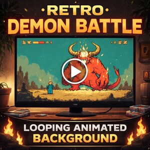 May include: A computer monitor displays a retro video game scene with a red demon and a small blue character. The text "RETRO DEMON BATTLE" and "LOOPING ANIMATED BACKGROUND" are displayed in gold. The scene is set on a wooden desk with flames.