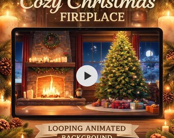 Christmas fireplace background loop | cozy lo-fi ambience, tree and nature scene | animated screen video for holiday decor