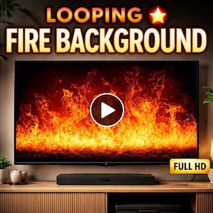 Peut inclure: Un écran de télévision affiche un arrière-plan de feu en boucle. L'écran montre des flammes orange et rouges. Les mots "LOOPING FIRE BACKGROUND" sont en haut. Un bouton de lecture est au centre de l'écran. Les mots "FULL HD" sont en bas à droite.