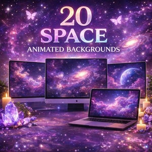 May include: A digital art display featuring four screens showcasing animated space backgrounds. The screens include a laptop, and three computer monitors. The text "20 SPACE ANIMATED BACKGROUNDS" is displayed in the center. The color scheme is purple, pink, and white.