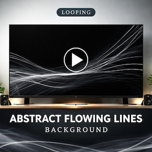 May include: A large black television shows a looping abstract background of white flowing lines on a black screen. A white play button is visible. The text "LOOPING" is at the top, and "ABSTRACT FLOWING LINES BACKGROUND" is at the bottom of the screen.
