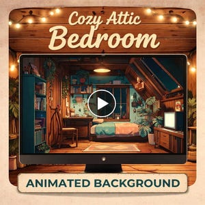 Puede incluir: Ilustración digital de una acogedora escena de dormitorio abuhardillado que se muestra en un monitor de ordenador. La escena presenta una cama, un escritorio y plantas. El texto en la parte superior dice "Cozy Attic Bedroom" y en la inferior "Animated Background".