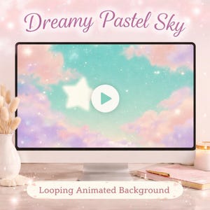 Könnte beinhalten: Ein Computermonitor zeigt einen sich wiederholenden animierten Hintergrund mit dem Titel "Dreamy Pastel Sky". Der Hintergrund zeigt eine weiche Pastellfarbpalette mit Wolken, Sternen und einer Wiedergabetaste. Der Text "Looping Animated Background" wird unten angezeigt.