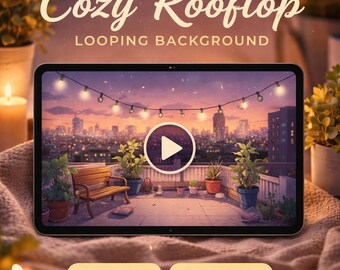 Animated City Rooftop Sunset Loop | Neon rain skyline background video | Anime & Kawaii stream, VTuber, overlay