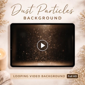 Könnte beinhalten: Ein digitales Tablet zeigt einen sich wiederholenden Video-Hintergrund mit Staubpartikeln. Der Bildschirm zeigt eine Wiedergabetaste, mit den Worten "Dust Particles Background" und "Looping Video Background" im Bild. Der Hintergrund ist ein Full HD-Video.
