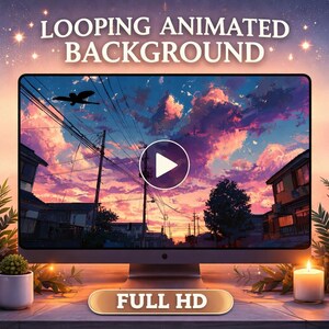 May include: A computer monitor shows a looping animated background of a sunset sky, power lines, and buildings. The screen features a play button and the text "LOOPING ANIMATED BACKGROUND" and "FULL HD". A candle and a small plant are in the foreground.