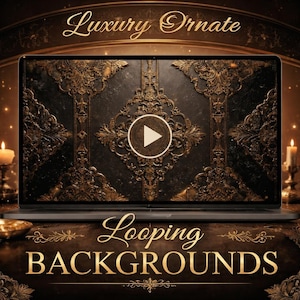 May include: A laptop displays a looping background with ornate gold filigree on a dark background. The words "Luxury Ornate" and "Looping Backgrounds" are written in gold script. The image has a luxurious, vintage aesthetic.