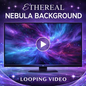 May include: A computer monitor shows a looping video of a vibrant nebula. The screen has a play button in the centre. The words "Ethereal Nebula Background" and "Looping Video" are displayed on the image.
