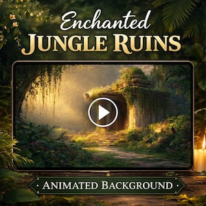 May include: A digital tablet shows an animated jungle scene with the text "Enchanted Jungle Ruins." The scene features a stone structure overgrown with greenery, a play button, and the words "Animated Background."
