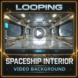 Puede incluir: Un fondo de video del interior de una nave espacial futurista con la palabra "LOOPING" en la parte superior. El video muestra un largo pasillo con ventanas que muestran una vista del espacio. Las palabras "SPACESHIP INTERIOR" y "VIDEO BACKGROUND" están en la parte inferior.