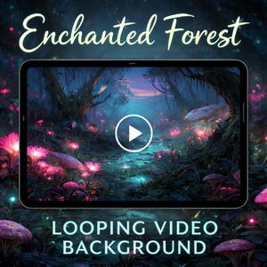 Può includere: Un tablet mostra uno sfondo video in loop intitolato "Enchanted Forest". Il video presenta una scena di foresta mistica con flora rosa brillante, un ruscello e un pulsante di riproduzione. Le parole "Looping Video Background" sono visualizzate sotto.